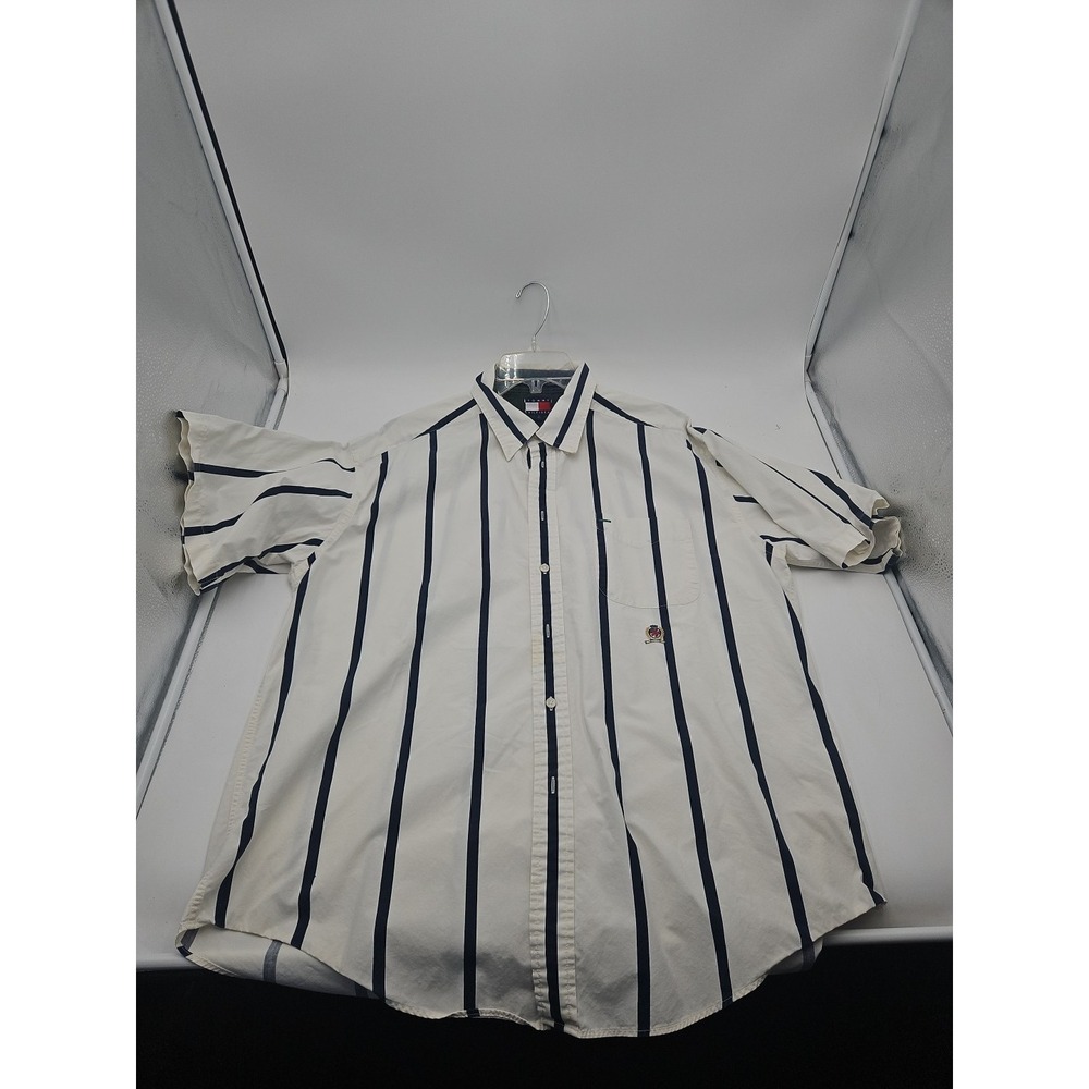 Chaps Ralph Lauren Shirt Mens Large Striped Crest Button Down Pocket Dress Stain